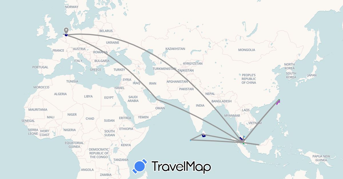 TravelMap itinerary: driving, bus, plane, train, hiking, boat in United Arab Emirates, Sri Lanka, Maldives, Malaysia, Netherlands, Taiwan (Asia, Europe)